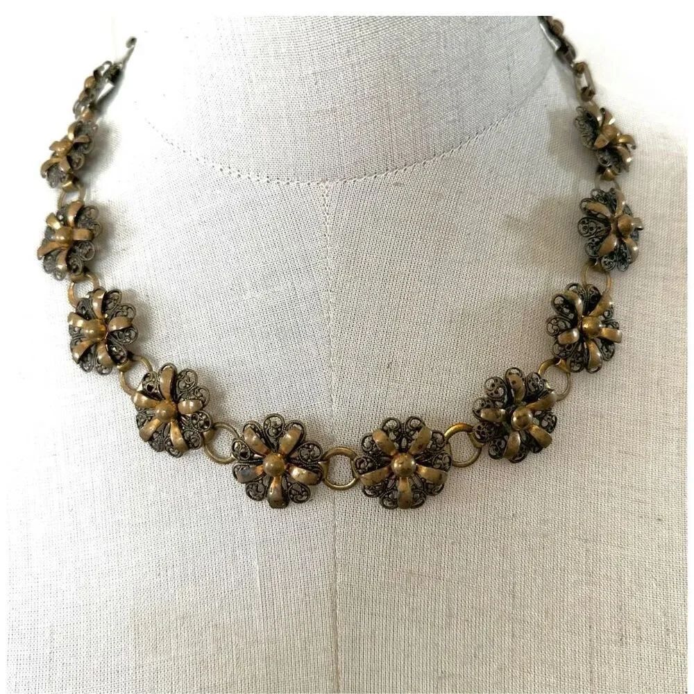 Vintage brass floral chain necklace